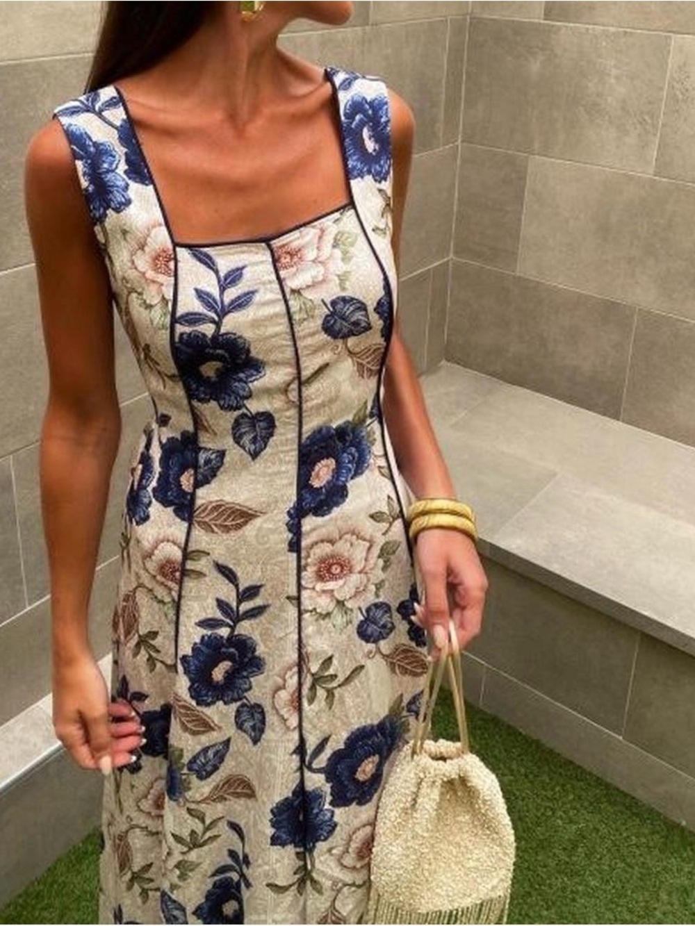 Floral Square-Neck Midi Dress in Cream and Navy